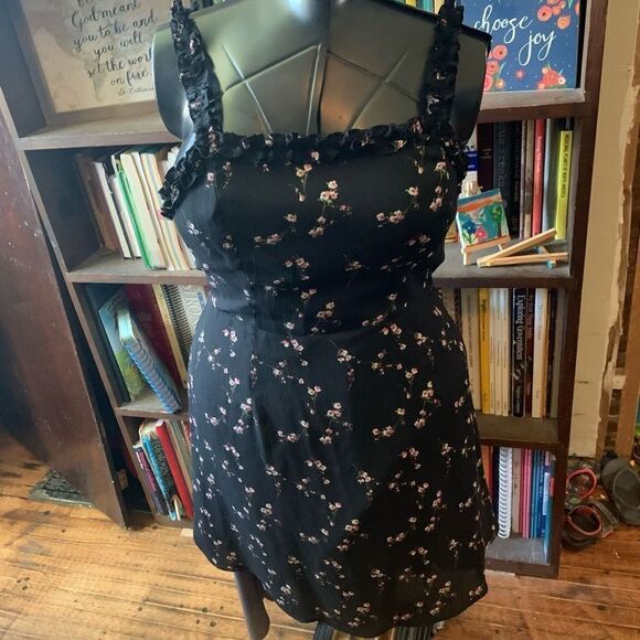 Lulu’s In the Garden black pink barbiecore floral L skater dress - Picture 1 of 4